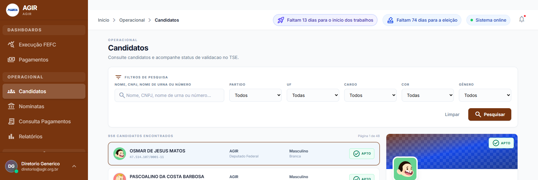 Tela de Candidatos com filtros de pesquisa e lista de candidatos encontrados