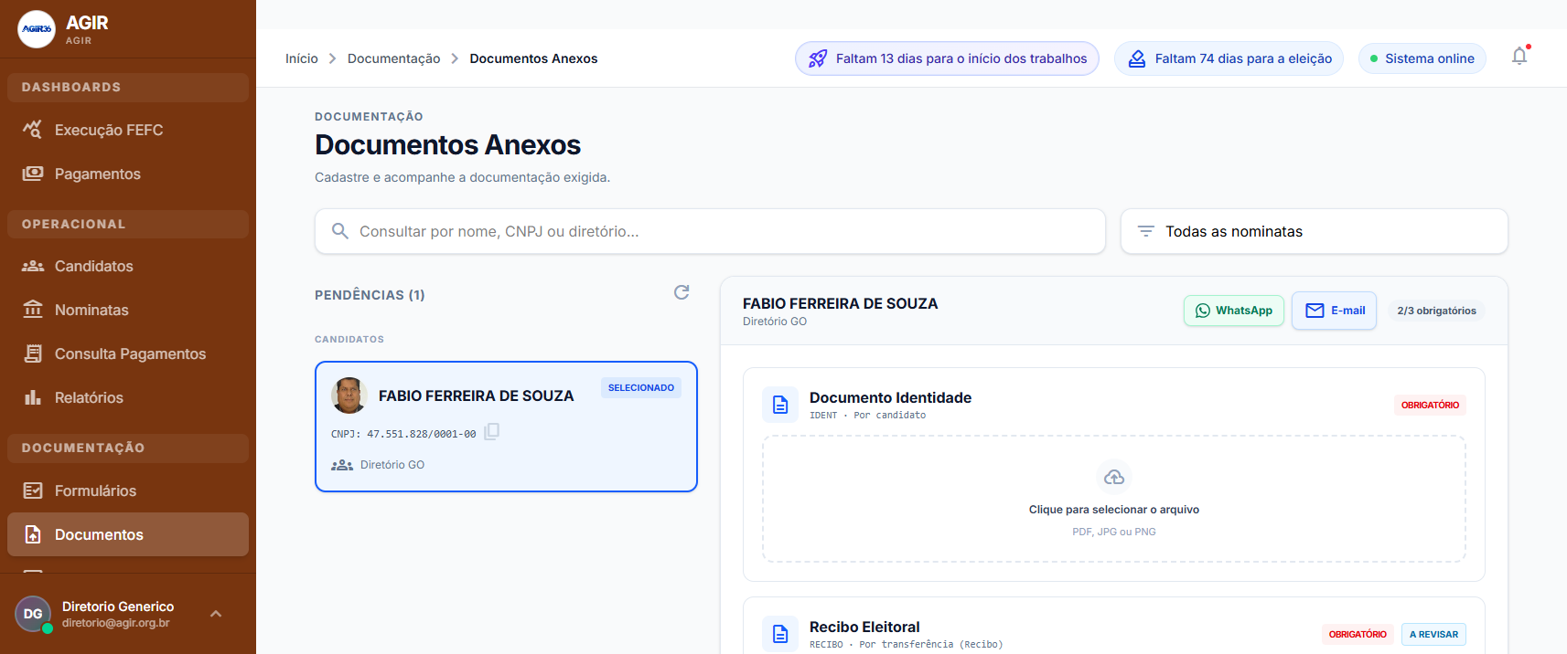 Tela de Documentos Anexos com lista de pendências, candidato selecionado e áreas de upload por tipo de documento