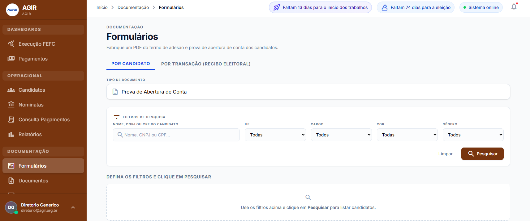 Tela de Formulários com abas Por Candidato e Por Transação, seletor de tipo de documento e filtros