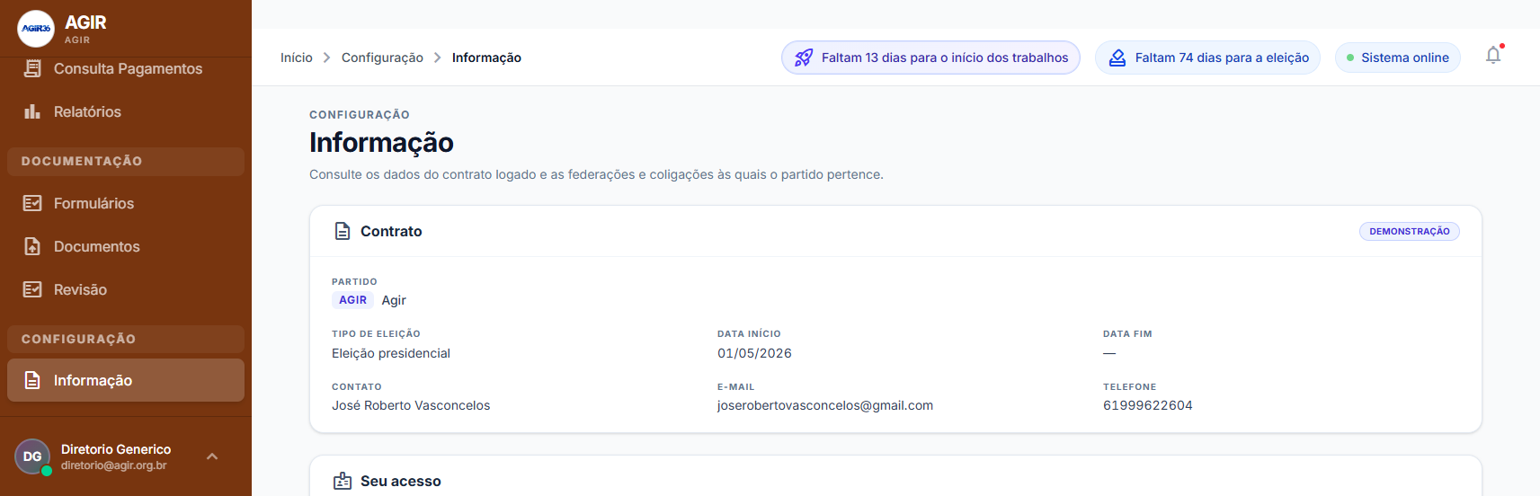 Tela de Informação com os dados do contrato, partido e o bloco Seu acesso