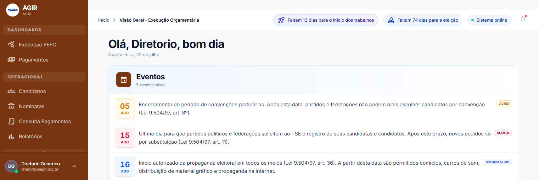 Tela inicial do PRISMA com saudação, avisos de prazo e lista de eventos