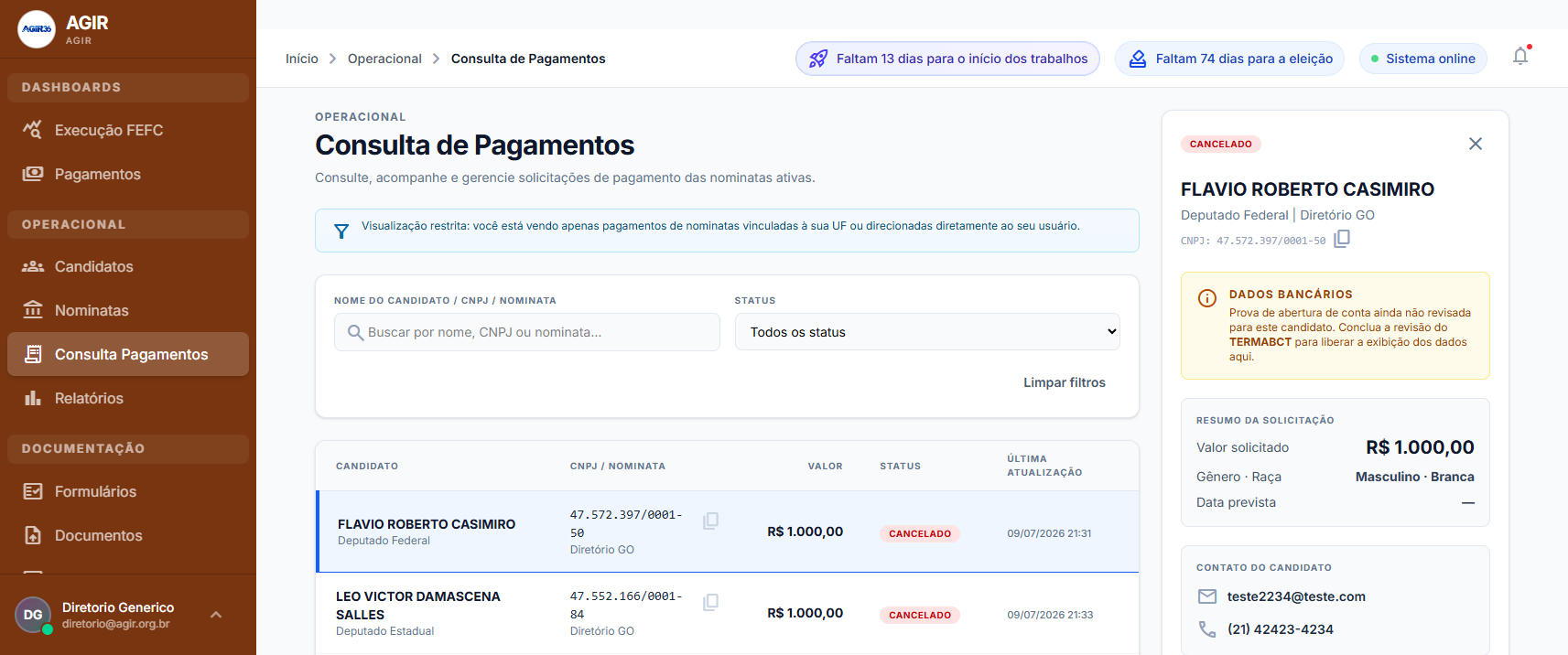 Tela de Consulta de Pagamentos com filtros, lista de solicitações e painel de detalhe de uma transação
